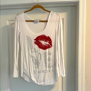 Bebe White Long Sleeve Blouse with Red Lips and Silver Accents